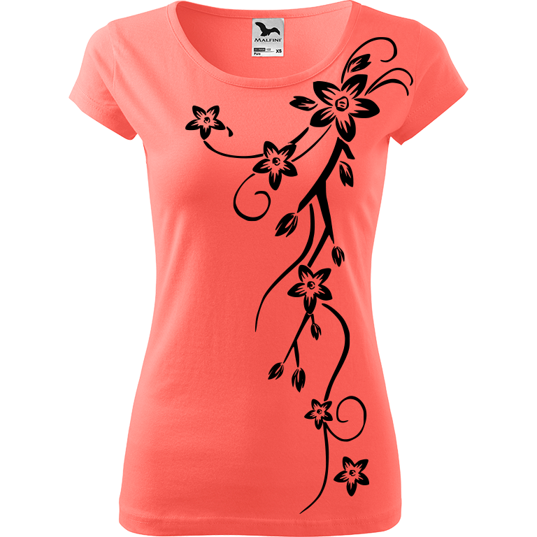 Ručně malované dámské bavlněné tričko - Květiny Barva trička: KORÁLOVÁ, Velikost trička: M, Barva motivu: ČERNÁ