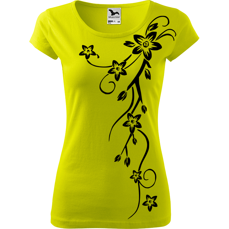 Ručně malované dámské bavlněné tričko - Květiny Barva trička: LIMETKOVÁ, Velikost trička: M, Barva motivu: ČERNÁ