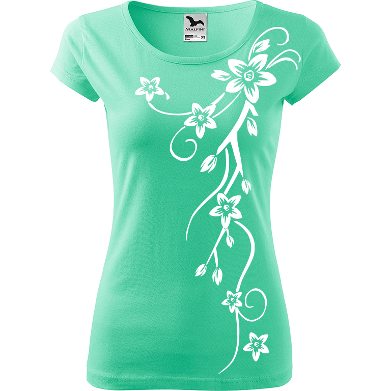 Ručně malované dámské bavlněné tričko - Květiny Barva trička: MÁTOVÁ, Velikost trička: XL, Barva motivu: BÍLÁ