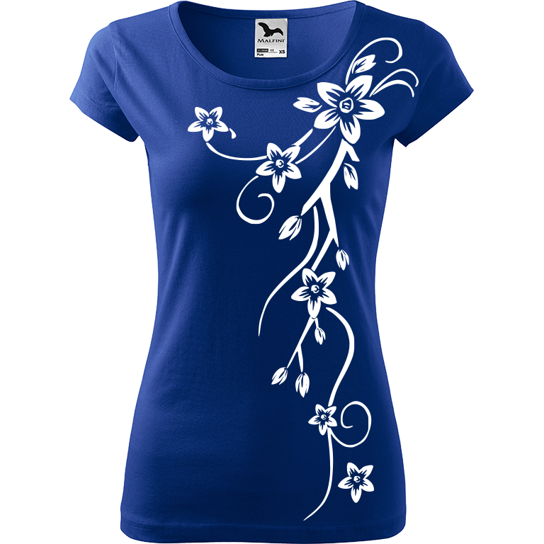 Ručně malované dámské bavlněné tričko - Květiny Barva trička: MODRÁ, Velikost trička: XS, Barva motivu: BÍLÁ