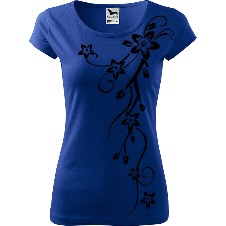 Ručně malované dámské bavlněné tričko - Květiny Barva trička: MODRÁ, Velikost trička: S, Barva motivu: ČERNÁ