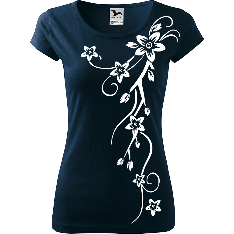 Ručně malované dámské bavlněné tričko - Květiny Barva trička: NÁMOŘNICKÁ MODRÁ, Velikost trička: M, Barva motivu: BÍLÁ