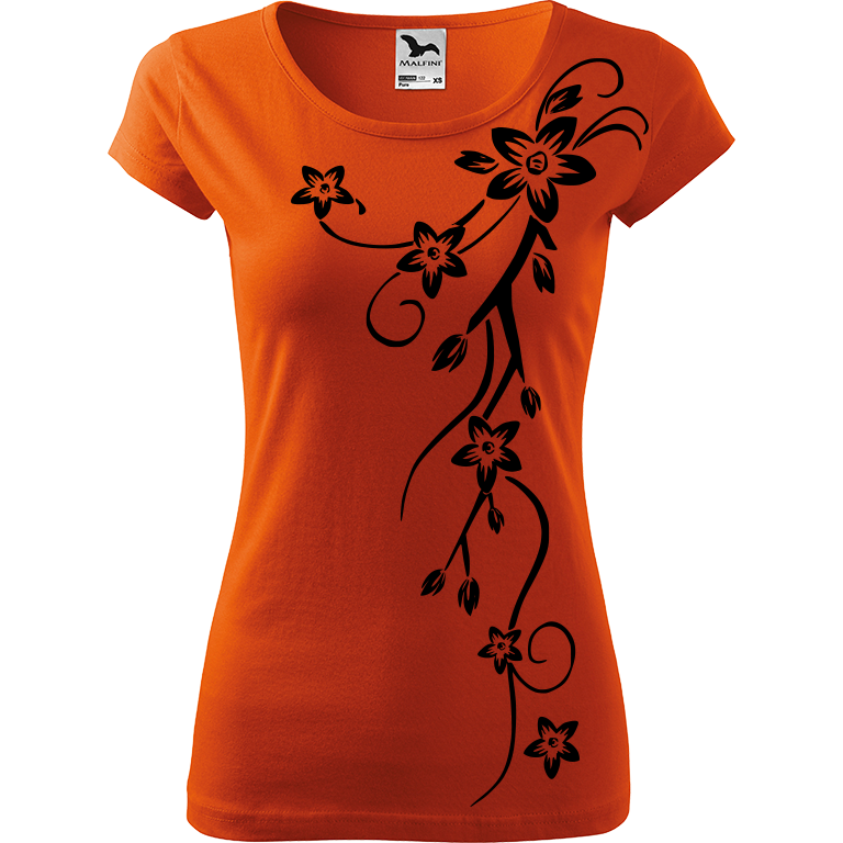 Ručně malované dámské bavlněné tričko - Květiny Barva trička: ORANŽOVÁ, Velikost trička: XL, Barva motivu: ČERNÁ