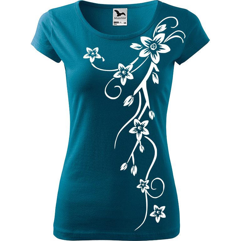Ručně malované dámské bavlněné tričko - Květiny Barva trička: PETROLEJOVÁ, Velikost trička: S, Barva motivu: BÍLÁ