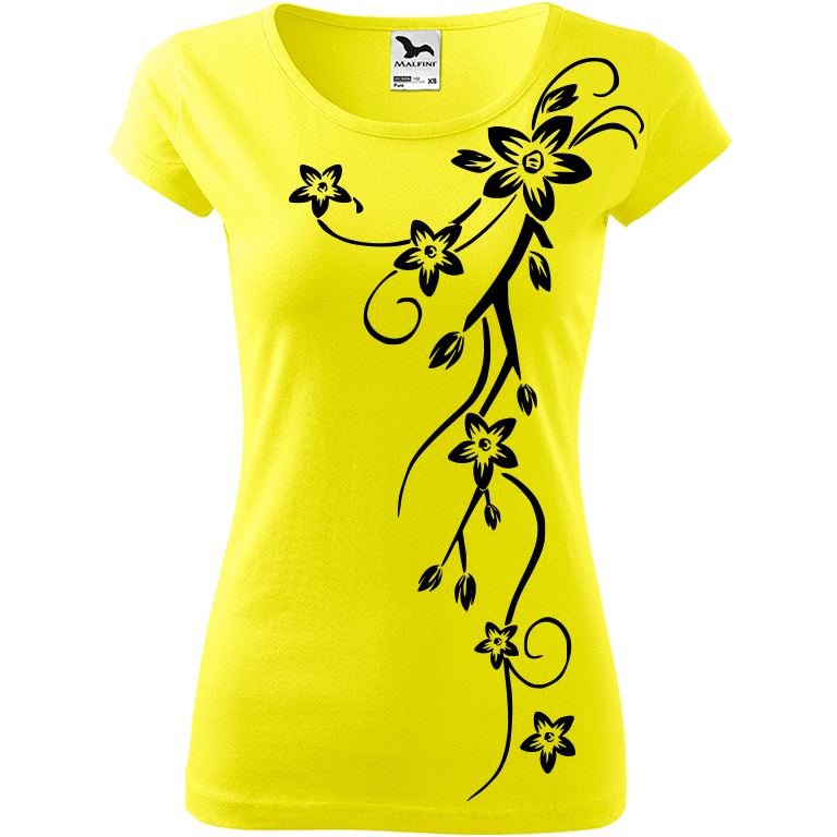 Ručně malované dámské bavlněné tričko - Květiny Barva trička: CITRONOVÁ, Velikost trička: S, Barva motivu: ČERNÁ