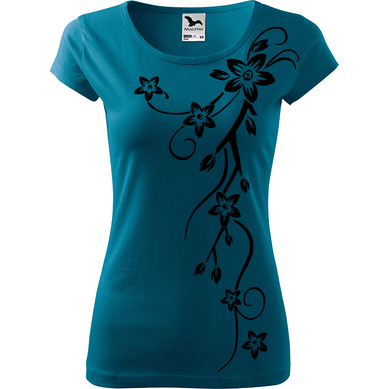 Ručně malované dámské bavlněné tričko - Květiny Barva trička: PETROLEJOVÁ, Velikost trička: M, Barva motivu: ČERNÁ