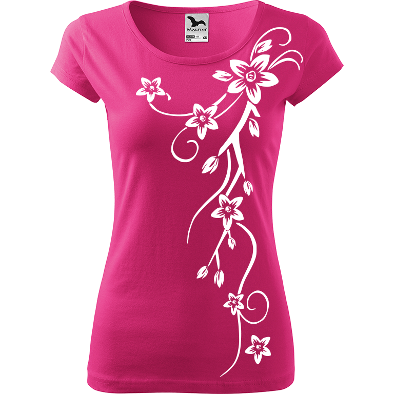 Ručně malované dámské bavlněné tričko - Květiny Barva trička: RŮŽOVÁ, Velikost trička: XL, Barva motivu: BÍLÁ