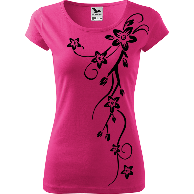 Ručně malované dámské bavlněné tričko - Květiny Barva trička: RŮŽOVÁ, Velikost trička: XL, Barva motivu: ČERNÁ