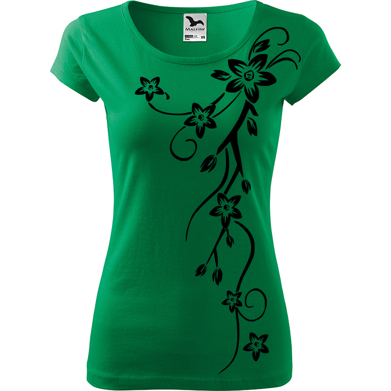 Ručně malované dámské bavlněné tričko - Květiny Barva trička: STŘEDNĚ ZELENÁ, Velikost trička: XS, Barva motivu: ČERNÁ