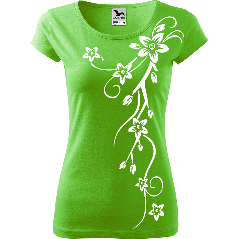 Ručně malované dámské bavlněné tričko - Květiny Barva trička: SVĚTLE ZELENÁ, Velikost trička: M, Barva motivu: BÍLÁ