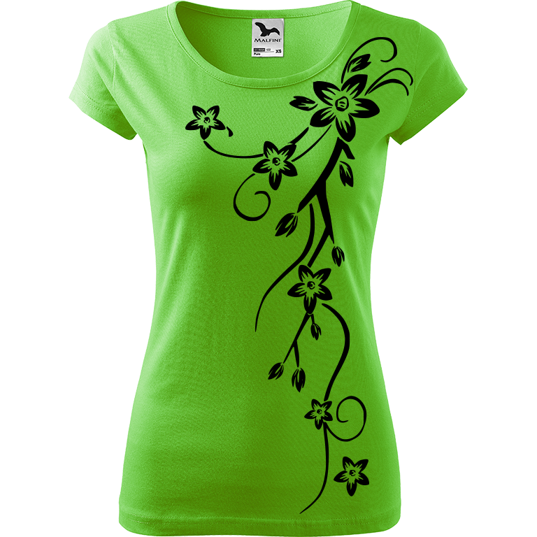 Ručně malované dámské bavlněné tričko - Květiny Barva trička: SVĚTLE ZELENÁ, Velikost trička: S, Barva motivu: ČERNÁ