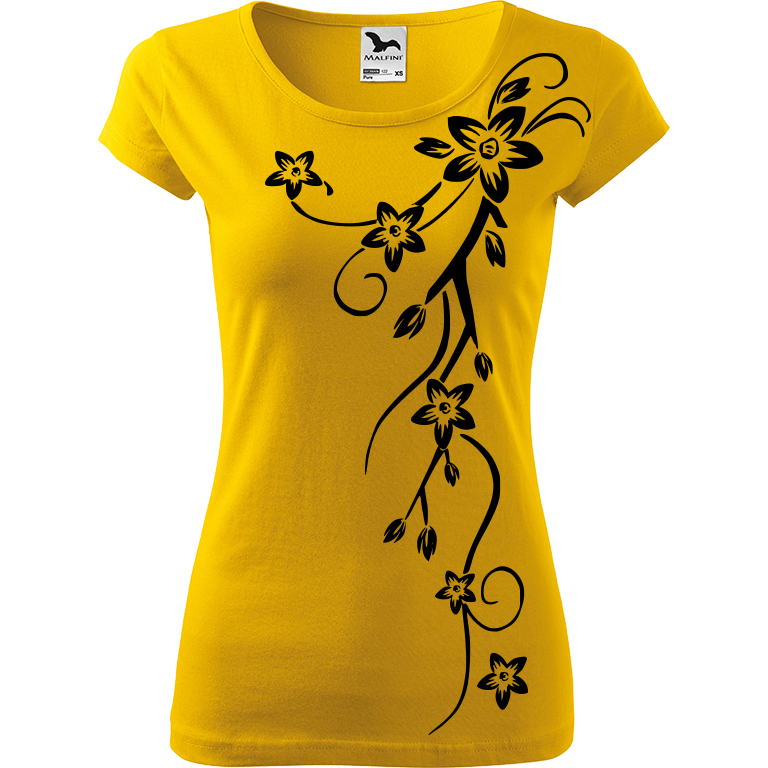 Ručně malované dámské bavlněné tričko - Květiny Barva trička: ŽLUTÁ, Velikost trička: XL, Barva motivu: ČERNÁ