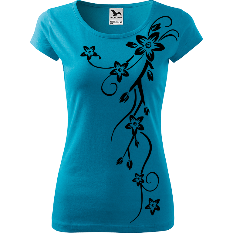 Ručně malované dámské bavlněné tričko - Květiny Barva trička: TYRKYSOVÁ, Velikost trička: XS, Barva motivu: ČERNÁ