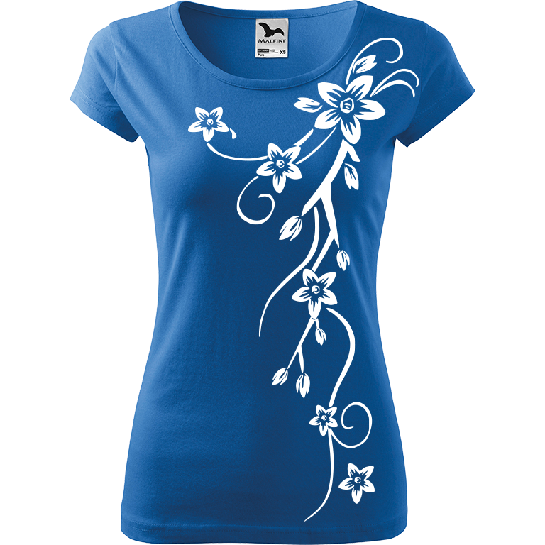 Ručně malované dámské bavlněné tričko - Květiny Barva trička: AZUROVÁ, Velikost trička: XS, Barva motivu: BÍLÁ