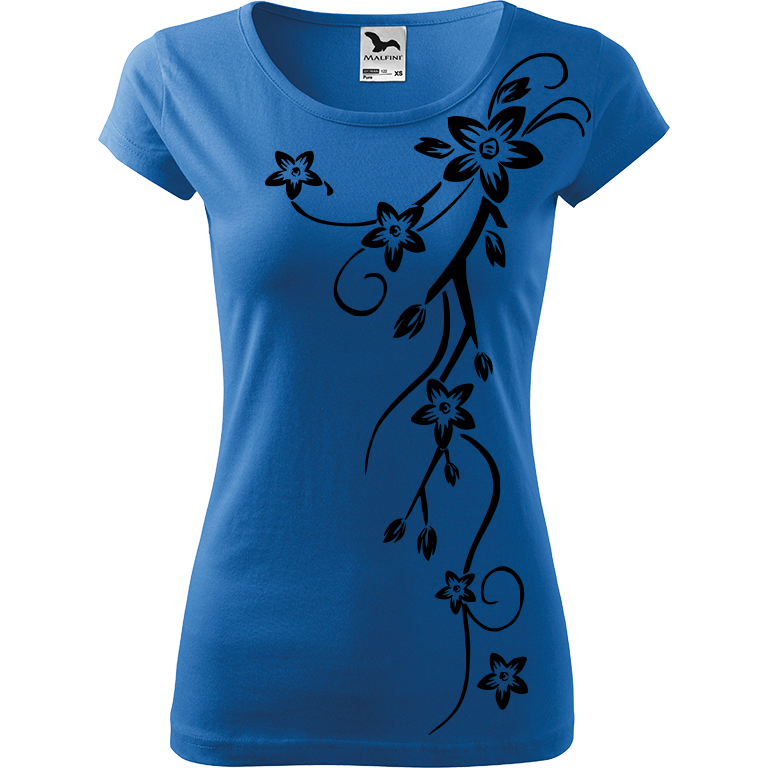 Ručně malované dámské bavlněné tričko - Květiny Barva trička: AZUROVÁ, Velikost trička: S, Barva motivu: ČERNÁ