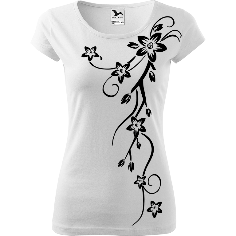 Ručně malované dámské bavlněné tričko - Květiny Barva trička: BÍLÁ, Velikost trička: XS, Barva motivu: ČERNÁ