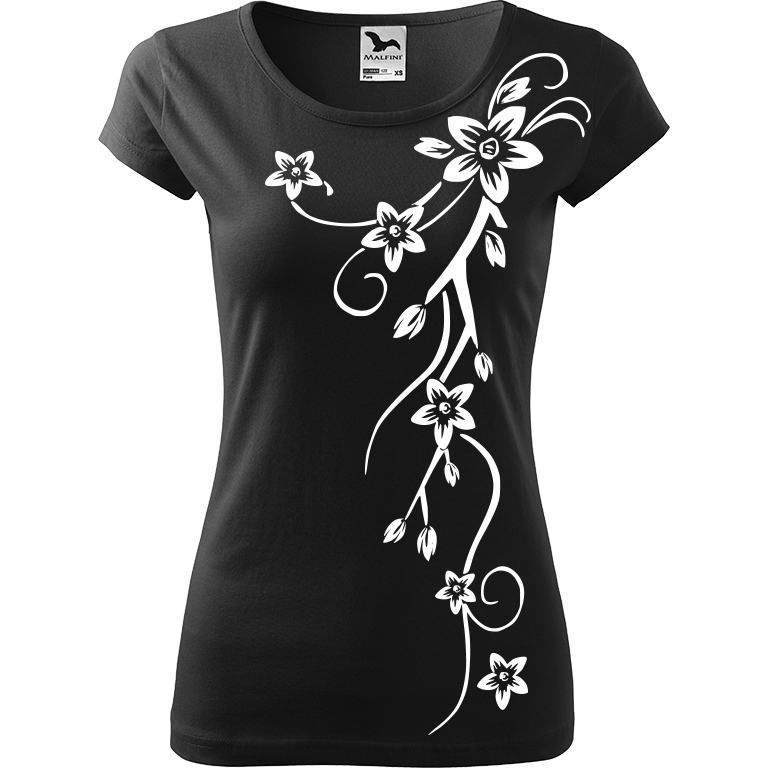 Ručně malované dámské bavlněné tričko - Květiny Barva trička: ČERNÁ, Velikost trička: M, Barva motivu: BÍLÁ