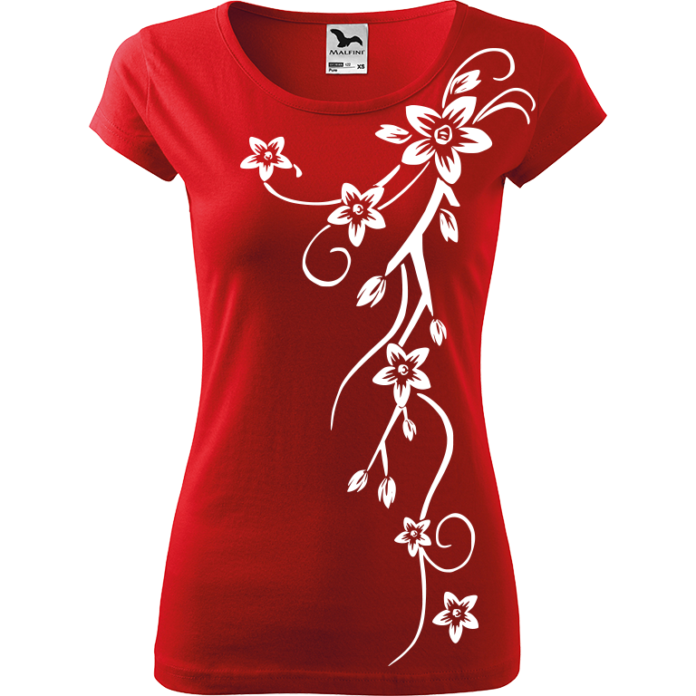 Ručně malované dámské bavlněné tričko - Květiny Barva trička: ČERVENÁ, Velikost trička: L, Barva motivu: BÍLÁ