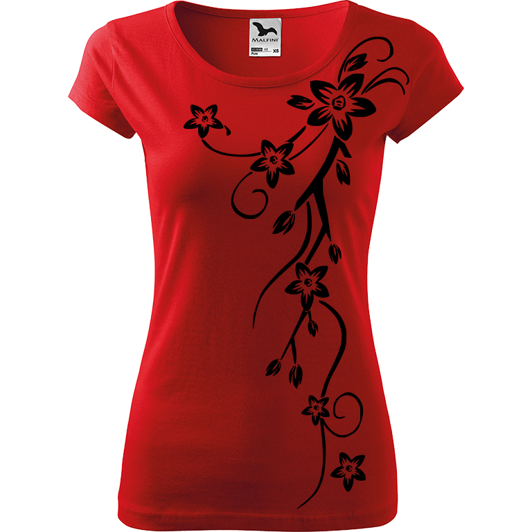 Ručně malované dámské bavlněné tričko - Květiny Barva trička: ČERVENÁ, Velikost trička: XL, Barva motivu: ČERNÁ
