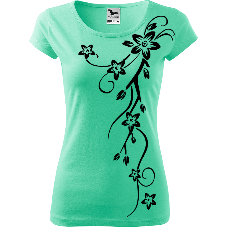 Ručně malované dámské bavlněné tričko - Květiny Barva trička: MÁTOVÁ, Velikost trička: XL, Barva motivu: ČERNÁ
