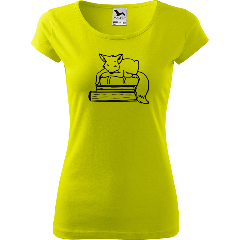 Ručně malované dámské bavlněné tričko - Liška na knihách Barva trička: LIMETKOVÁ, Velikost trička: M, Barva motivu: ČERNÁ