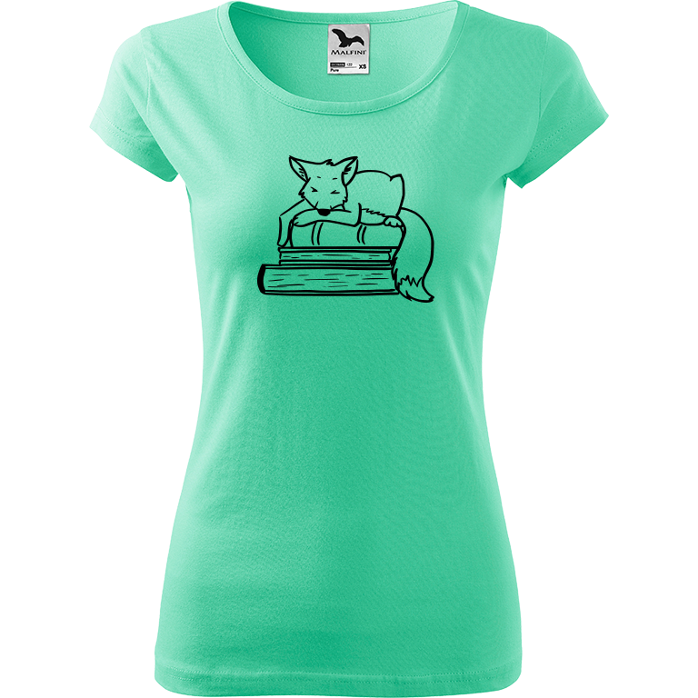 Ručně malované dámské bavlněné tričko - Liška na knihách Barva trička: MÁTOVÁ, Velikost trička: XL, Barva motivu: ČERNÁ