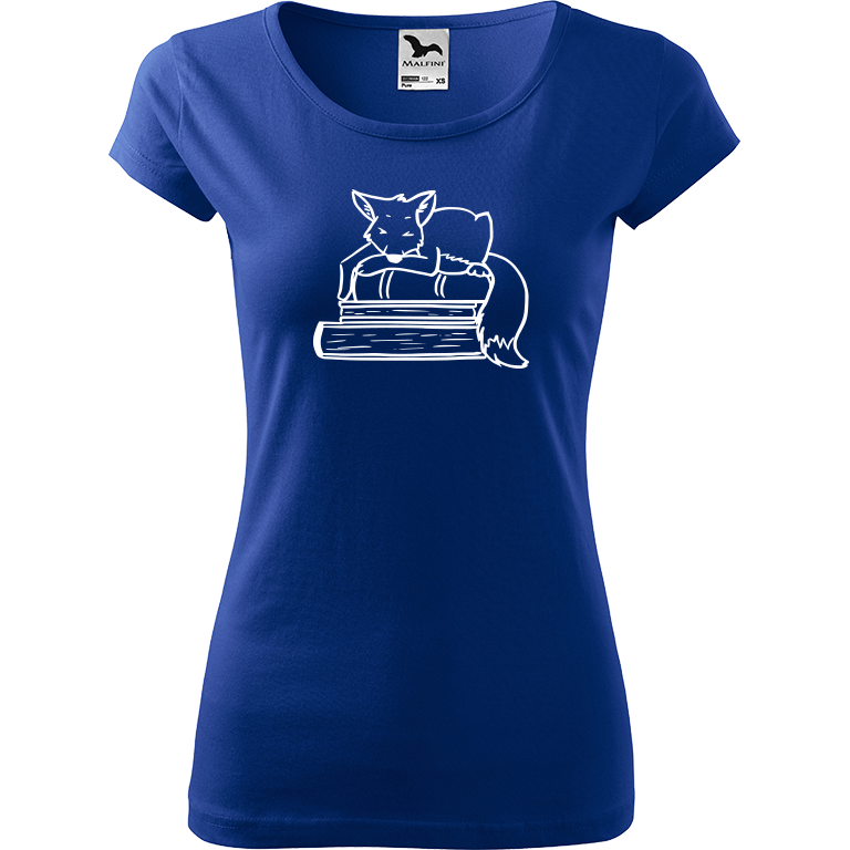 Ručně malované dámské bavlněné tričko - Liška na knihách Barva trička: MODRÁ, Velikost trička: XL, Barva motivu: BÍLÁ