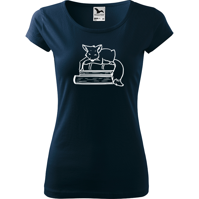 Ručně malované dámské bavlněné tričko - Liška na knihách Barva trička: NÁMOŘNICKÁ MODRÁ, Velikost trička: XXL, Barva motivu: BÍLÁ