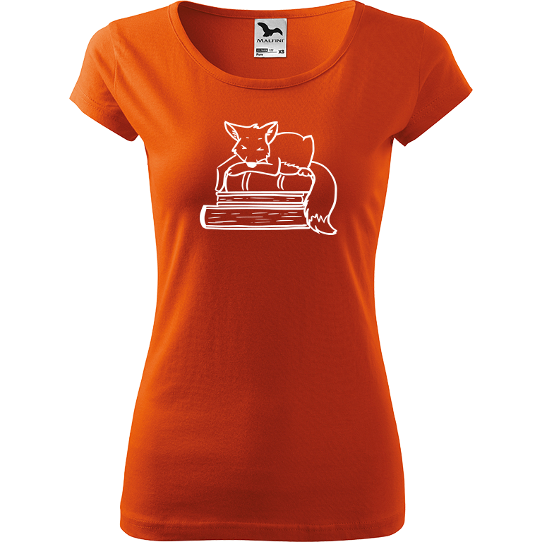 Ručně malované dámské bavlněné tričko - Liška na knihách Barva trička: ORANŽOVÁ, Velikost trička: M, Barva motivu: BÍLÁ