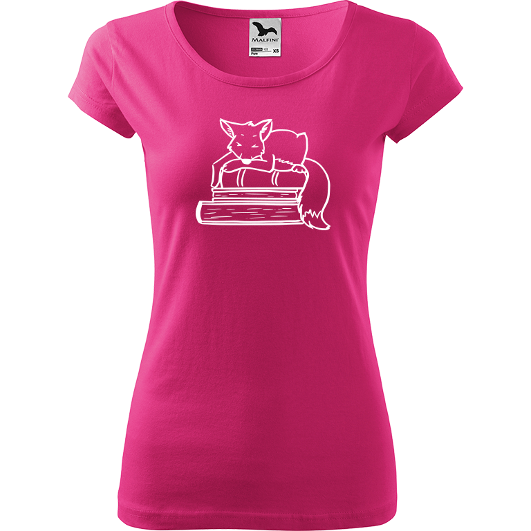 Ručně malované dámské bavlněné tričko - Liška na knihách Barva trička: RŮŽOVÁ, Velikost trička: S, Barva motivu: BÍLÁ