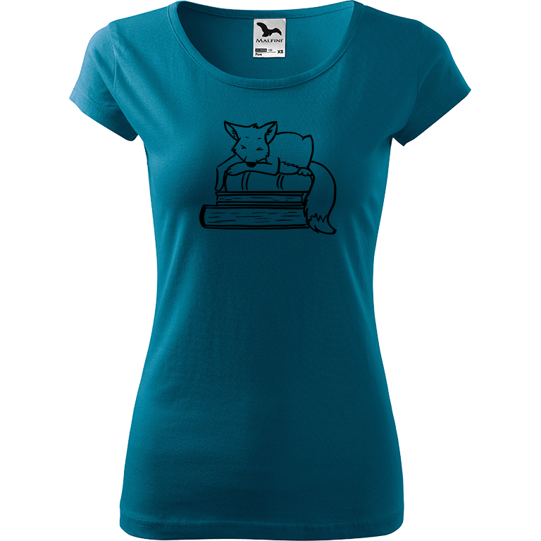 Ručně malované dámské bavlněné tričko - Liška na knihách Barva trička: PETROLEJOVÁ, Velikost trička: XL, Barva motivu: ČERNÁ