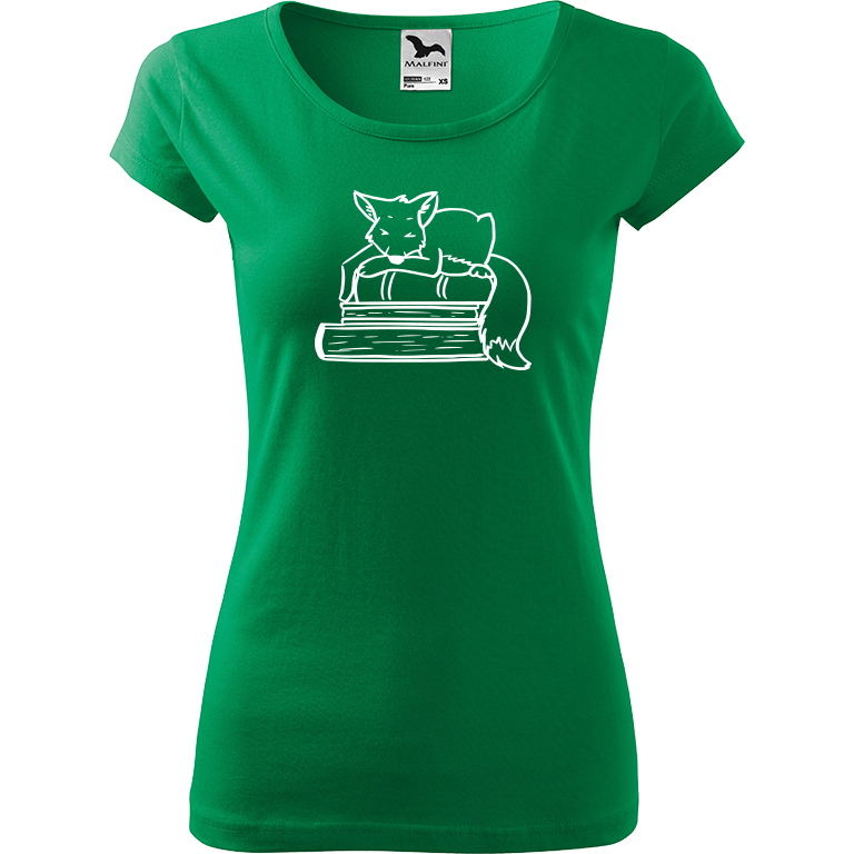 Ručně malované dámské bavlněné tričko - Liška na knihách Barva trička: STŘEDNĚ ZELENÁ, Velikost trička: M, Barva motivu: BÍLÁ