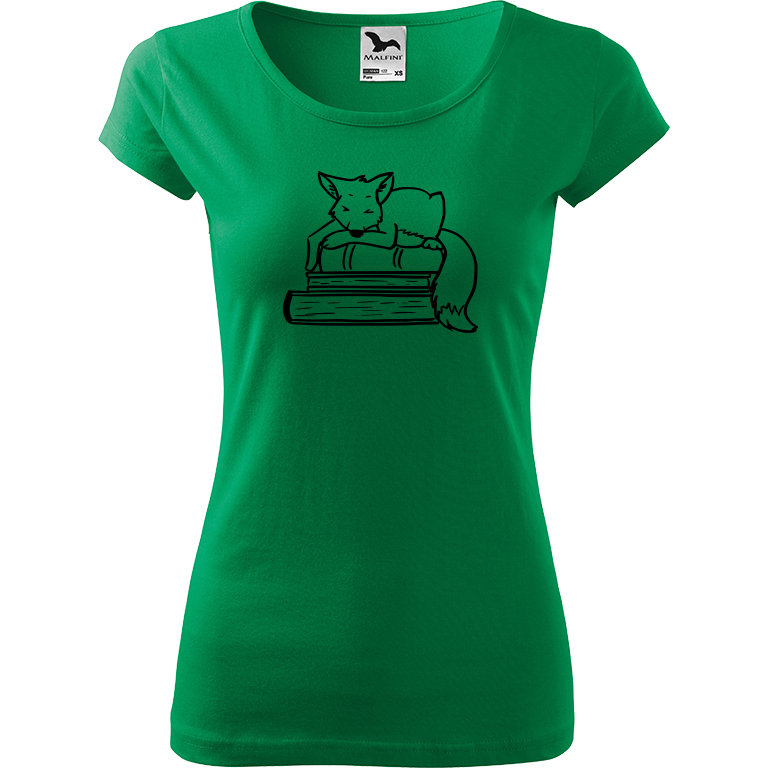 Ručně malované dámské bavlněné tričko - Liška na knihách Barva trička: STŘEDNĚ ZELENÁ, Velikost trička: M, Barva motivu: ČERNÁ