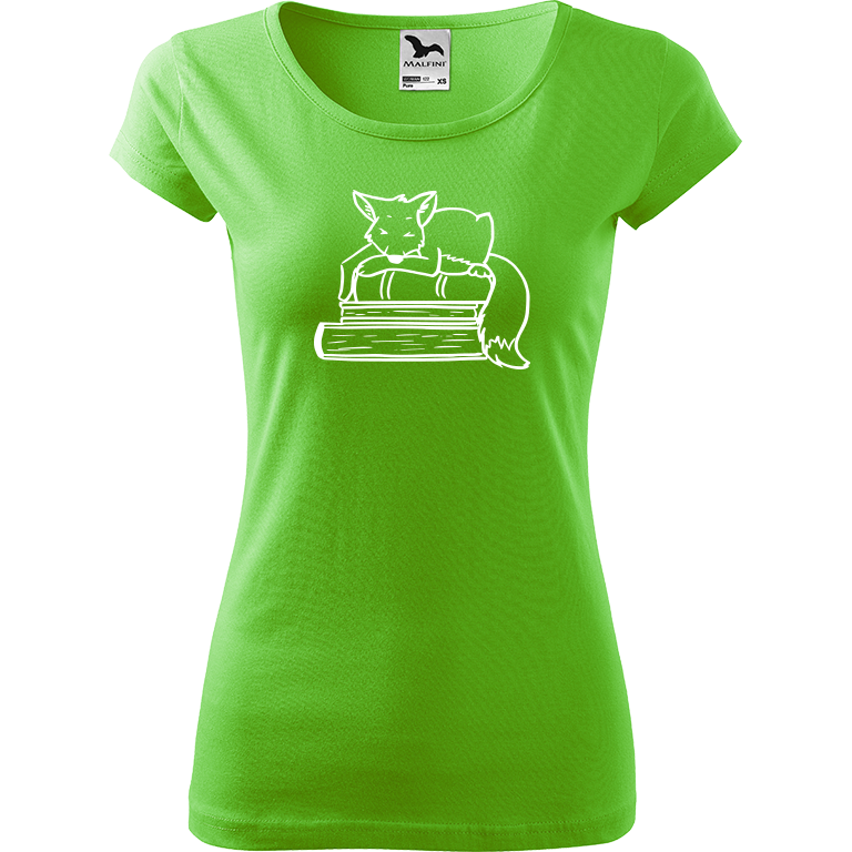 Ručně malované dámské bavlněné tričko - Liška na knihách Barva trička: SVĚTLE ZELENÁ, Velikost trička: XS, Barva motivu: BÍLÁ