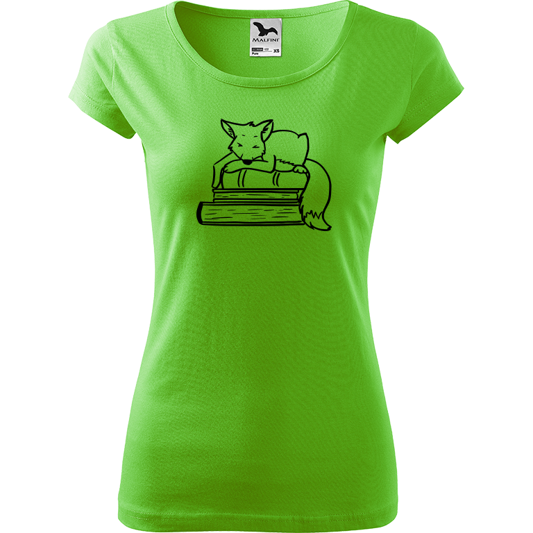 Ručně malované dámské bavlněné tričko - Liška na knihách Barva trička: SVĚTLE ZELENÁ, Velikost trička: XL, Barva motivu: ČERNÁ
