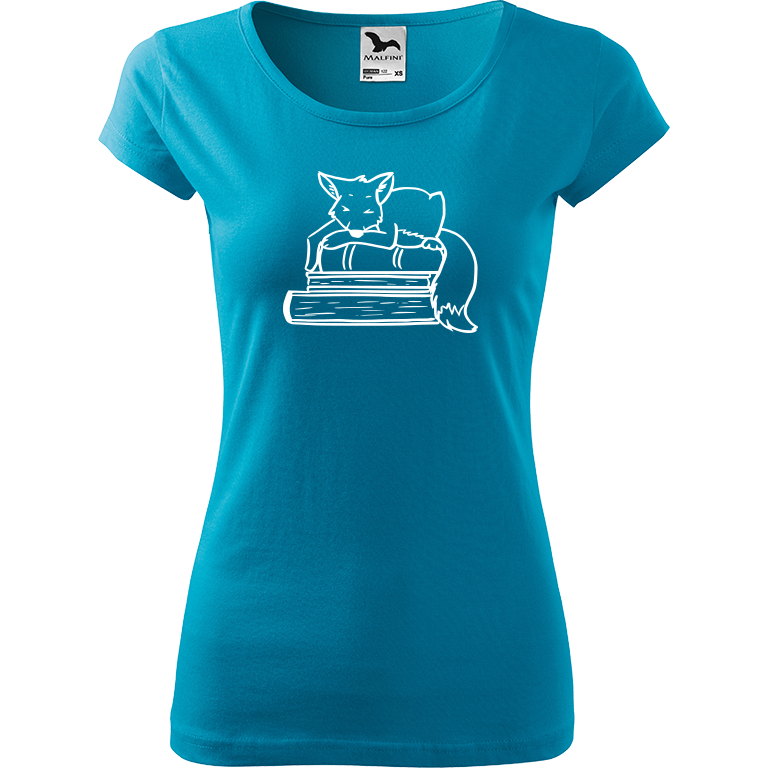 Ručně malované dámské bavlněné tričko - Liška na knihách Barva trička: TYRKYSOVÁ, Velikost trička: M, Barva motivu: BÍLÁ