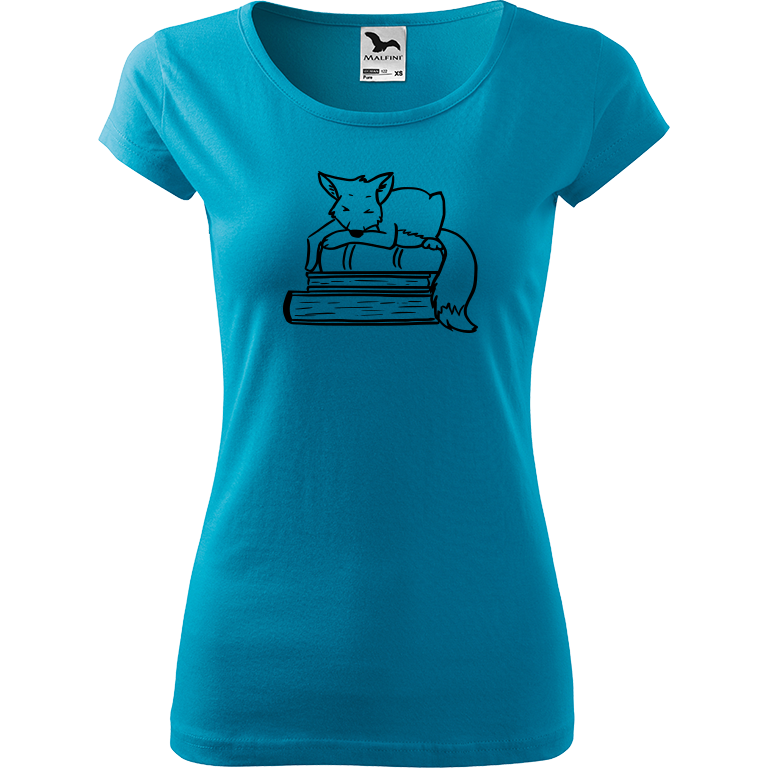 Ručně malované dámské bavlněné tričko - Liška na knihách Barva trička: TYRKYSOVÁ, Velikost trička: M, Barva motivu: ČERNÁ