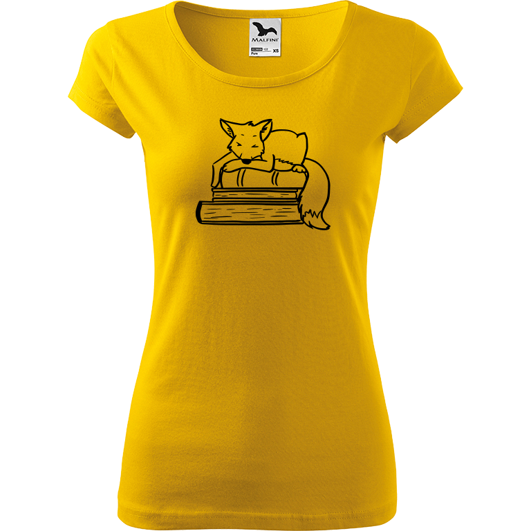 Ručně malované dámské bavlněné tričko - Liška na knihách Barva trička: ŽLUTÁ, Velikost trička: XL, Barva motivu: ČERNÁ