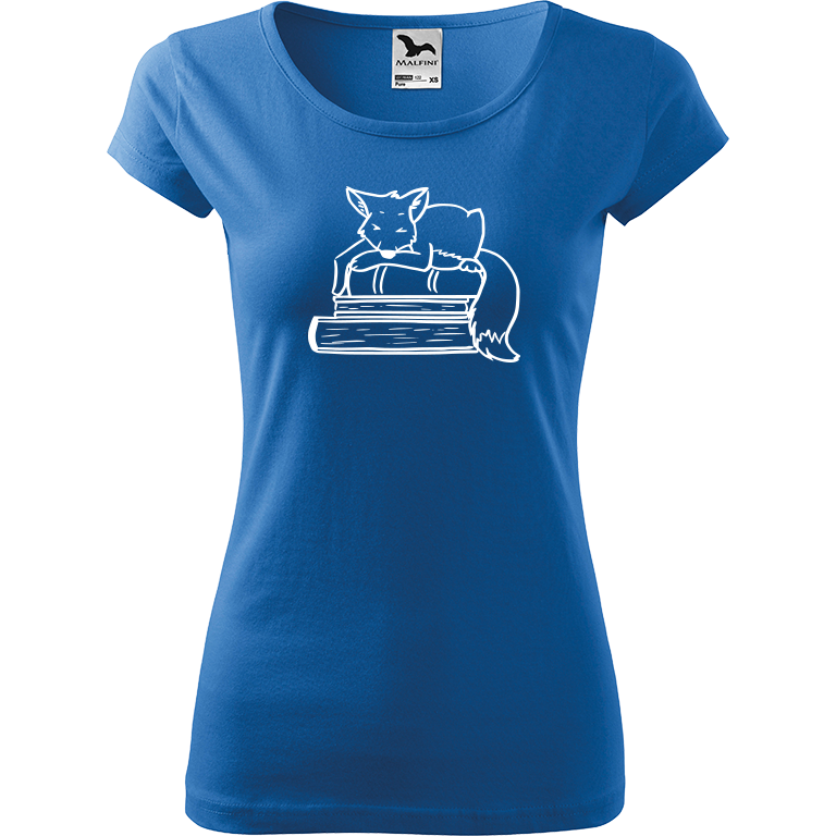 Ručně malované dámské bavlněné tričko - Liška na knihách Barva trička: AZUROVÁ, Velikost trička: XS, Barva motivu: BÍLÁ