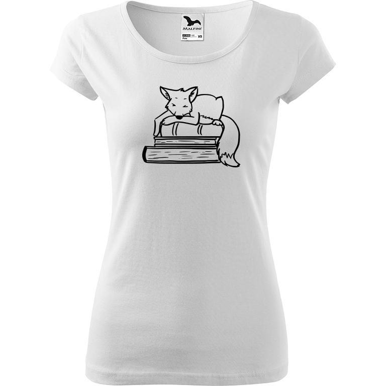 Ručně malované dámské bavlněné tričko - Liška na knihách Barva trička: BÍLÁ, Velikost trička: XL, Barva motivu: ČERNÁ