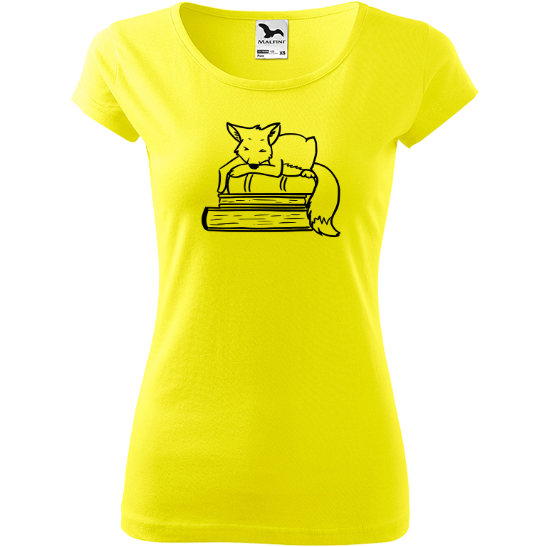 Ručně malované dámské bavlněné tričko - Liška na knihách Barva trička: CITRONOVÁ, Velikost trička: M, Barva motivu: ČERNÁ