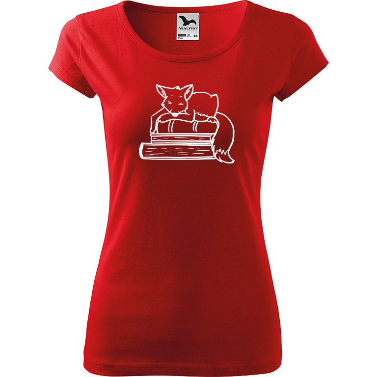 Ručně malované dámské bavlněné tričko - Liška na knihách Barva trička: ČERVENÁ, Velikost trička: XXL, Barva motivu: BÍLÁ