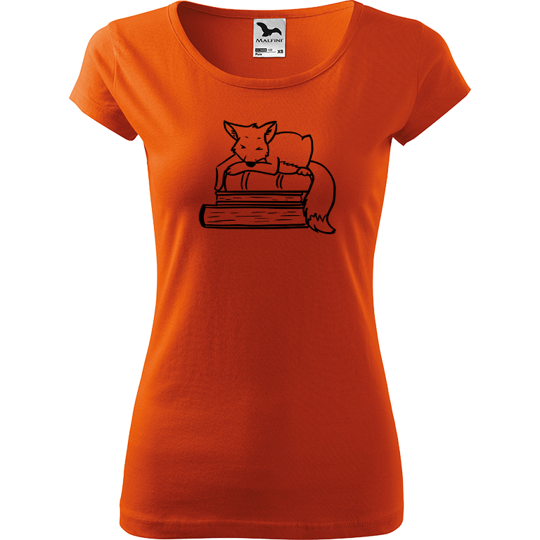 Ručně malované dámské bavlněné tričko - Liška na knihách Barva trička: ORANŽOVÁ, Velikost trička: M, Barva motivu: ČERNÁ
