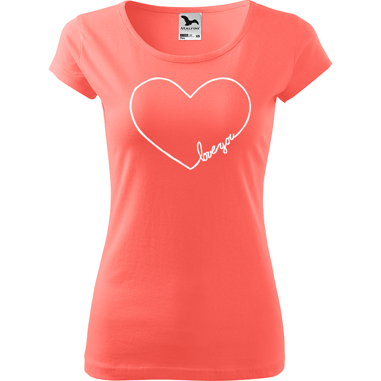 Ručně malované dámské bavlněné tričko - "Love You" Srdce Barva trička: KORÁLOVÁ, Velikost trička: XL, Barva motivu: BÍLÁ