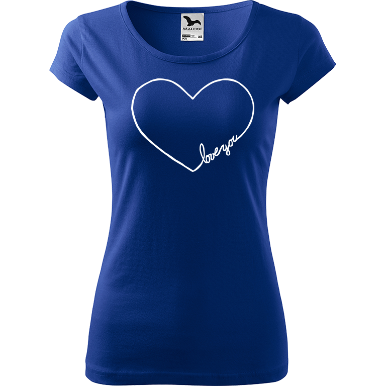Ručně malované dámské bavlněné tričko - "Love You" Srdce Barva trička: MODRÁ, Velikost trička: XL, Barva motivu: BÍLÁ