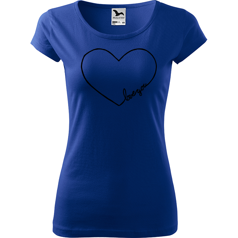 Ručně malované dámské bavlněné tričko - "Love You" Srdce Barva trička: MODRÁ, Velikost trička: XS, Barva motivu: ČERNÁ