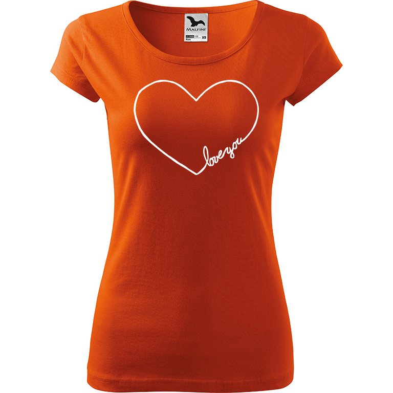 Ručně malované dámské bavlněné tričko - "Love You" Srdce Barva trička: ORANŽOVÁ, Velikost trička: M, Barva motivu: BÍLÁ