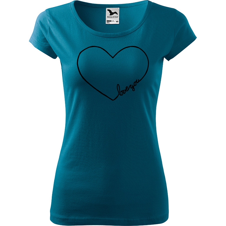 Ručně malované dámské bavlněné tričko - "Love You" Srdce Barva trička: PETROLEJOVÁ, Velikost trička: XS, Barva motivu: ČERNÁ