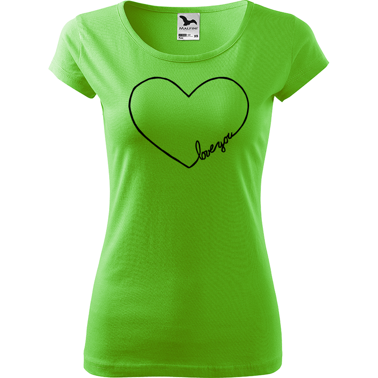 Ručně malované dámské bavlněné tričko - "Love You" Srdce Barva trička: SVĚTLE ZELENÁ, Velikost trička: XS, Barva motivu: ČERNÁ