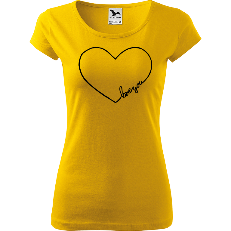 Ručně malované dámské bavlněné tričko - "Love You" Srdce Barva trička: ŽLUTÁ, Velikost trička: M, Barva motivu: ČERNÁ